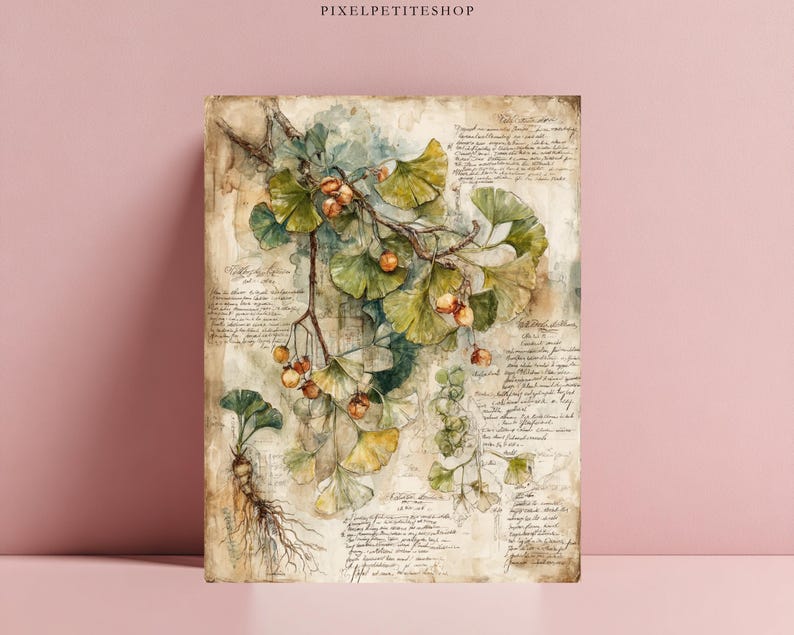 May include: A vintage-style botanical print depicting ginkgo leaves and berries in green, yellow, and brown hues. The artwork includes handwritten text and a distressed look. The print is labelled "PIXELPETITESHOP".