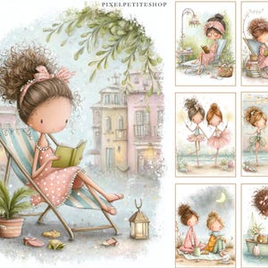 May include: Watercolor illustrations featuring a girl reading in a striped beach chair, wearing a pink polka dot dress. Other images show girls in various scenes, including ballet and relaxing outdoors. The style is whimsical and soft, with pastel colors.