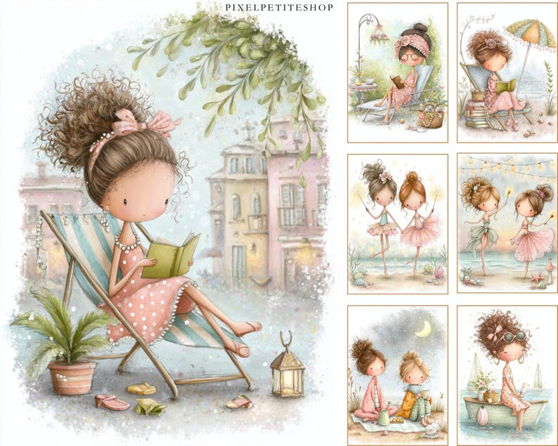 May include: Watercolor illustrations featuring a girl reading in a striped beach chair, wearing a pink polka dot dress. Other images show girls in various scenes, including ballet and relaxing outdoors. The style is whimsical and soft, with pastel colors.