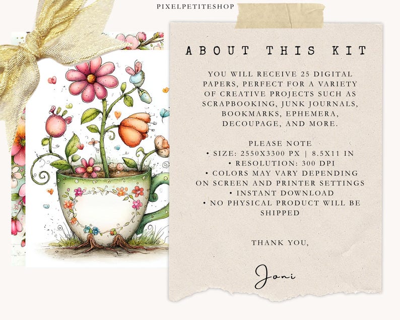 May include: A digital art kit featuring a whimsical illustration of a teacup overflowing with flowers. The image includes text that reads "About This Kit" and details about the digital papers, including size 8.5x11 inches and resolution 300 DPI.