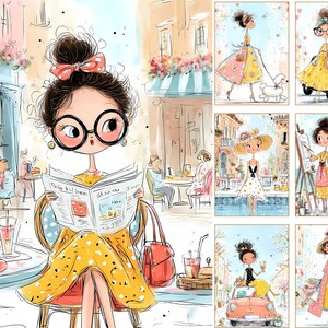May include: A collection of seven digital illustrations featuring a character with dark hair in a bun and round glasses, wearing a yellow dress. The scenes depict various activities including reading at a cafe, walking a dog, and driving a car.