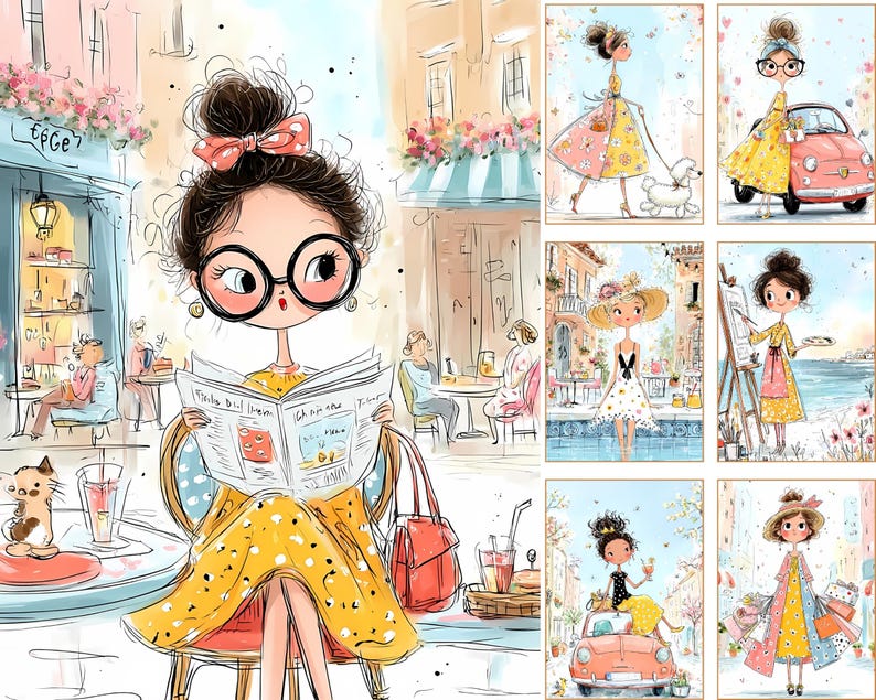 May include: A collection of seven digital illustrations featuring a character with dark hair in a bun and round glasses, wearing a yellow dress. The scenes depict various activities including reading at a cafe, walking a dog, and driving a car.