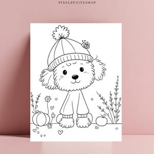 May include: A black and white line art coloring page featuring a fluffy puppy wearing a pom-pom beanie with a small bee on it. The puppy is standing in a garden setting with a pumpkin, an apple, flowers, and small hearts. Text reads PIXELPETITESHOP.