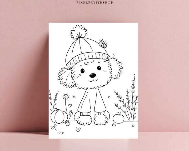 May include: A black and white line art coloring page featuring a fluffy puppy wearing a pom-pom beanie with a small bee on it. The puppy is standing in a garden setting with a pumpkin, an apple, flowers, and small hearts. Text reads PIXELPETITESHOP.