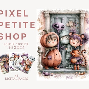 May include: A digital art collection titled PIXEL PETITE SHOP featuring 46 pages of Halloween illustrations. The main image shows a child in a pumpkin costume, a mummy, and a tiger-costumed child with an alien above, all standing before a door.