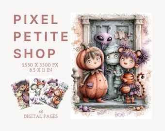 May include: A digital art collection titled PIXEL PETITE SHOP featuring 46 pages of Halloween illustrations. The main image shows a child in a pumpkin costume, a mummy, and a tiger-costumed child with an alien above, all standing before a door.