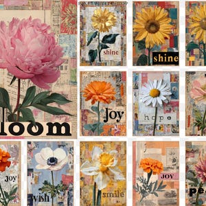 May include: A collage of floral art prints featuring various flowers like peonies, sunflowers, and daisies. Each print has a vintage aesthetic with text overlays such as "bloom," "shine," "joy," "hope," "wish," "smile," and "peace."