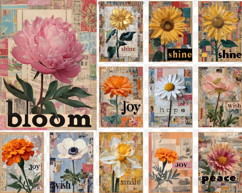 May include: A collage of floral art prints featuring various flowers like peonies, sunflowers, and daisies. Each print has a vintage aesthetic with text overlays such as "bloom," "shine," "joy," "hope," "wish," "smile," and "peace."
