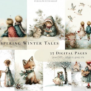 May include: Watercolor illustrations with a winter theme. The images depict children, animals, and winter scenes. The text "Whispering Winter Tales" and "35 Digital Pages" are also visible.