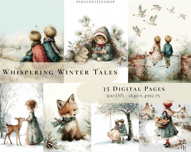Op de afbeelding: Waterverfillustraties met een winterthema. De afbeeldingen tonen kinderen, dieren en winterse taferelen. De tekst "Whispering Winter Tales" en "35 Digital Pages" is ook zichtbaar.
