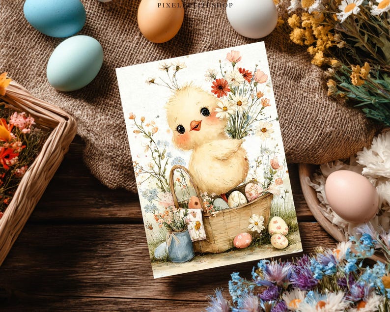 May include: An Easter-themed greeting card featuring a watercolor illustration of a yellow chick holding a basket filled with decorated eggs and flowers. The card is surrounded by painted eggs and floral arrangements.