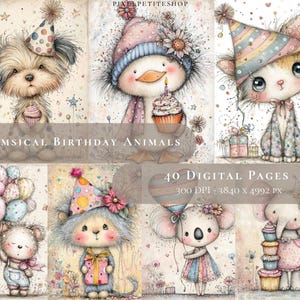 May include: A digital art print featuring whimsical birthday animals. The image includes a dog, duck, cat, mouse, bear, koala, and elephant, all wearing party hats and holding cupcakes or balloons. Text reads "Whimsical Birthday Animals" and "40 Digital Pages".