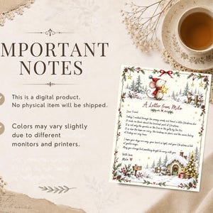 May include: A digital letter template titled A Letter from Milo featuring a watercolor illustration of a mouse in a red scarf holding a star, surrounded by a snowy forest, a small cottage, and Christmas greenery with red berries and gold stars.