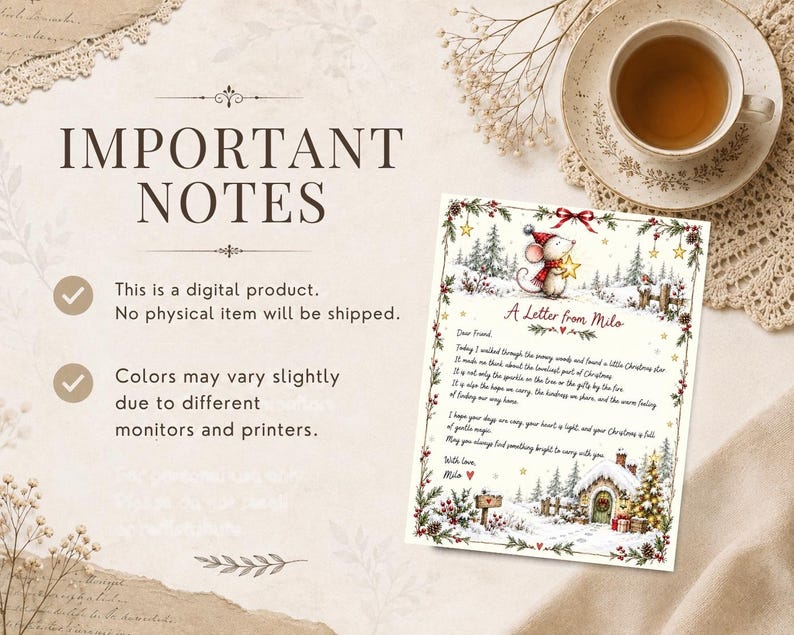 May include: A digital letter template titled A Letter from Milo featuring a watercolor illustration of a mouse in a red scarf holding a star, surrounded by a snowy forest, a small cottage, and Christmas greenery with red berries and gold stars.