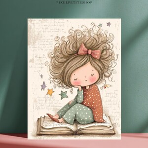 May include: A whimsical illustration of a girl with curly brown hair and a pink bow, resting her chin on her hand. She is wearing a red polka-dot shirt and green polka-dot pants, sitting on a large open book. Stars and script surround her.