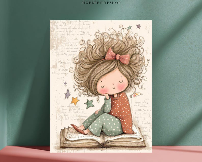 May include: A whimsical illustration of a girl with curly brown hair and a pink bow, resting her chin on her hand. She is wearing a red polka-dot shirt and green polka-dot pants, sitting on a large open book. Stars and script surround her.