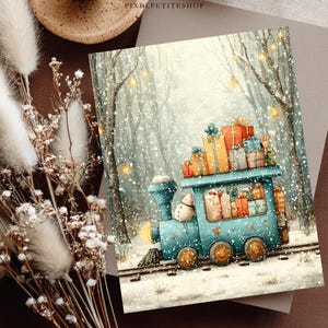 May include: A rectangular greeting card featuring a teal steam train traveling through a snowy forest. The train carries various wrapped gift boxes on its roof and in its cabin. A small snowman sits on the front of the train engine.
