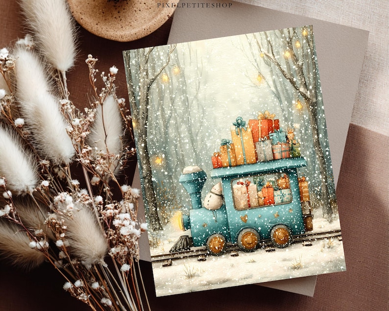 May include: A rectangular greeting card featuring a teal steam train traveling through a snowy forest. The train carries various wrapped gift boxes on its roof and in its cabin. A small snowman sits on the front of the train engine.