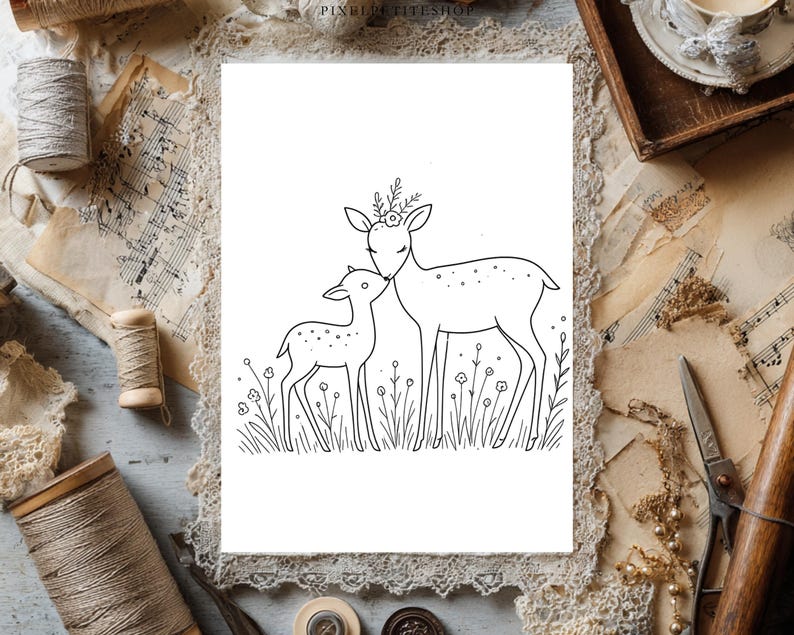 May include: A black and white line art illustration on a white background featuring an adult deer and a fawn standing together in a field of simple flowers. The adult deer has a small floral crown on its head and is nuzzling the smaller fawn.