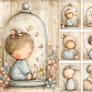 May include: A collection of digital illustrations featuring stylized characters in soft pastel tones. The main image shows a child in a blue polka-dot outfit inside a glass cloche, surrounded by flowers and butterflies. Six smaller panels show variations.