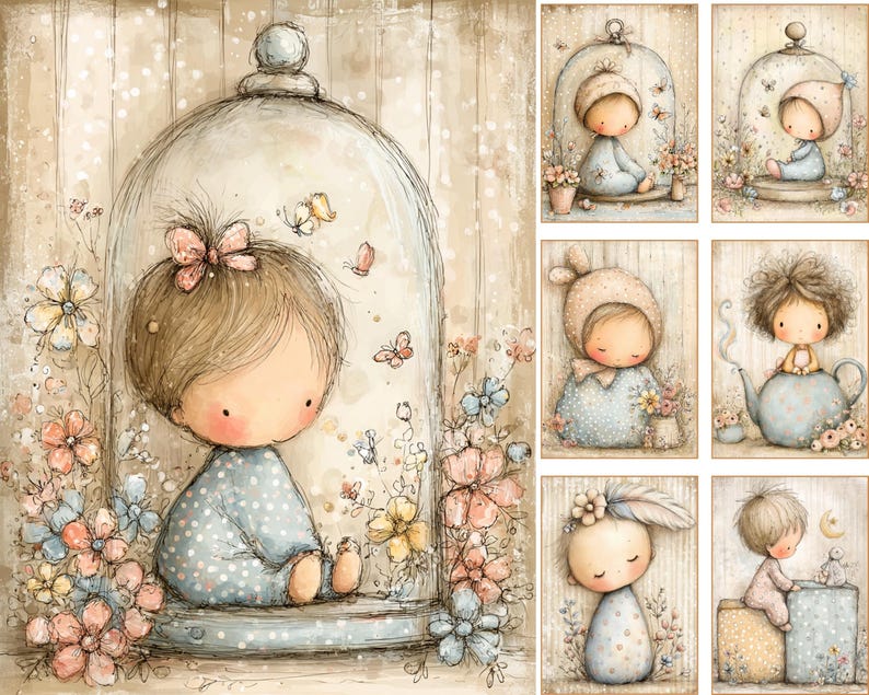 May include: A collection of digital illustrations featuring stylized characters in soft pastel tones. The main image shows a child in a blue polka-dot outfit inside a glass cloche, surrounded by flowers and butterflies. Six smaller panels show variations.