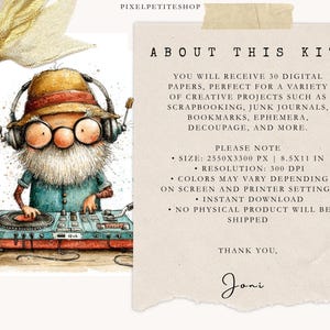 May include: Watercolor illustration of a DJ with a long white beard, wearing a hat and headphones. The DJ is operating a turntable with a red and blue design. The image includes text about a digital paper kit.