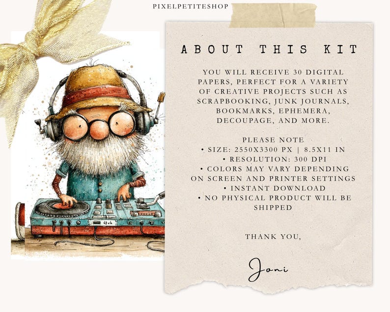 May include: Watercolor illustration of a DJ with a long white beard, wearing a hat and headphones. The DJ is operating a turntable with a red and blue design. The image includes text about a digital paper kit.