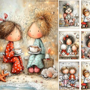 Puede incluir: Impresi&oacute;n art&iacute;stica en acuarela con dos figuras de dibujos animados en pijama, cada una sosteniendo una taza de t&eacute;. Las figuras est&aacute;n sentadas en tocones de madera cerca de una playa con conchas marinas y una estrella de mar. Se incluyen impresiones m&aacute;s peque&ntilde;as adicionales.