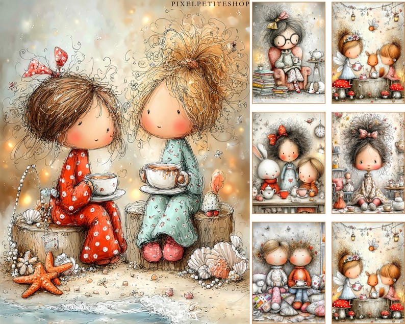 Puede incluir: Impresi&oacute;n art&iacute;stica en acuarela con dos figuras de dibujos animados en pijama, cada una sosteniendo una taza de t&eacute;. Las figuras est&aacute;n sentadas en tocones de madera cerca de una playa con conchas marinas y una estrella de mar. Se incluyen impresiones m&aacute;s peque&ntilde;as adicionales.