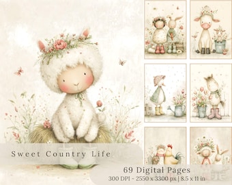 May include: Digital art print featuring a whimsical lamb with a floral crown, surrounded by wildflowers. The image includes several other charming illustrations of farm animals and the text "Sweet Country Life". The print is 8.5 x 11 inches.