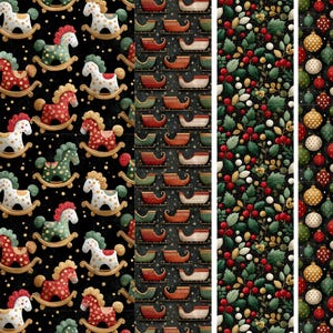 May include: A collection of Christmas-themed patterns. The designs include repeating patterns of rocking horses, sleighs, holly and berries, and Christmas ornaments. The color palette features red, green, gold, and white on a black background.