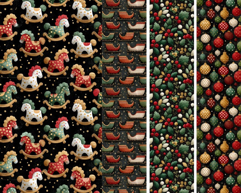 May include: A collection of Christmas-themed patterns. The designs include repeating patterns of rocking horses, sleighs, holly and berries, and Christmas ornaments. The color palette features red, green, gold, and white on a black background.