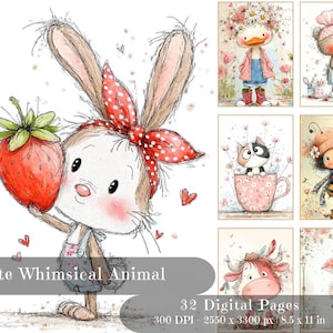 Peut inclure: Illustration &agrave; l'aquarelle d'un lapin tenant une fraise, portant un bandeau &agrave; pois rouges et une salopette. D'autres images incluent un canard, un ours, un chat, une abeille, une vache et un h&eacute;risson. Le texte indique "Cute Whimsical Animal" et "32 Digital Pages".