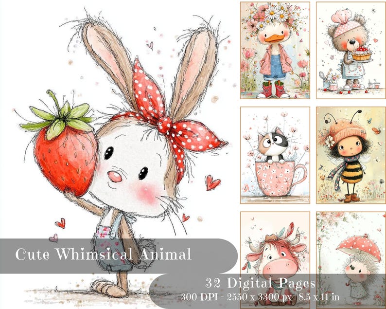 Peut inclure: Illustration &agrave; l'aquarelle d'un lapin tenant une fraise, portant un bandeau &agrave; pois rouges et une salopette. D'autres images incluent un canard, un ours, un chat, une abeille, une vache et un h&eacute;risson. Le texte indique "Cute Whimsical Animal" et "32 Digital Pages".