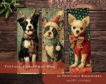 May include: Set of three vintage-style Christmas dog bookmarks. Each bookmark features a different dog breed wearing festive attire, including reindeer antlers, a Santa hat, and a red sweater. The bookmarks are 2 x 6 inches.