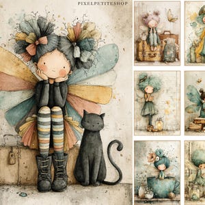 May include: Watercolor illustration of a fairy girl with colorful wings, sitting on a suitcase next to a black cat. The image has a vintage, whimsical style. Additional fairy illustrations are displayed in the background.
