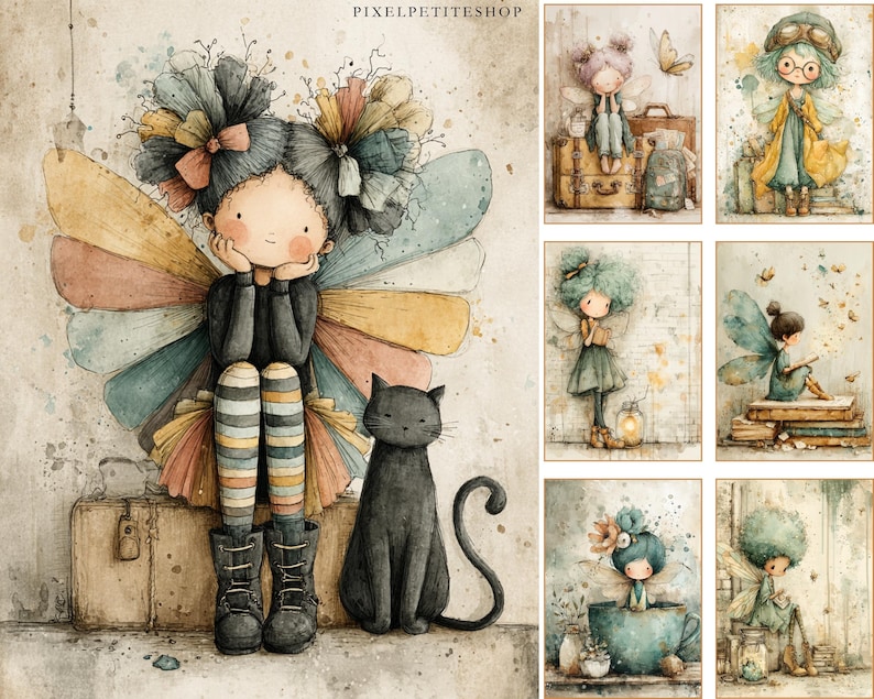 May include: Watercolor illustration of a fairy girl with colorful wings, sitting on a suitcase next to a black cat. The image has a vintage, whimsical style. Additional fairy illustrations are displayed in the background.