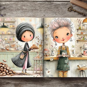Puede incluir: Un libro abierto con dos p&aacute;ginas ilustradas de personajes en una cafeter&iacute;a. La p&aacute;gina izquierda muestra una figura con abrigo oscuro sosteniendo una bandeja de pasteles junto a granos de caf&eacute;. La derecha muestra una figura con delantal verde.