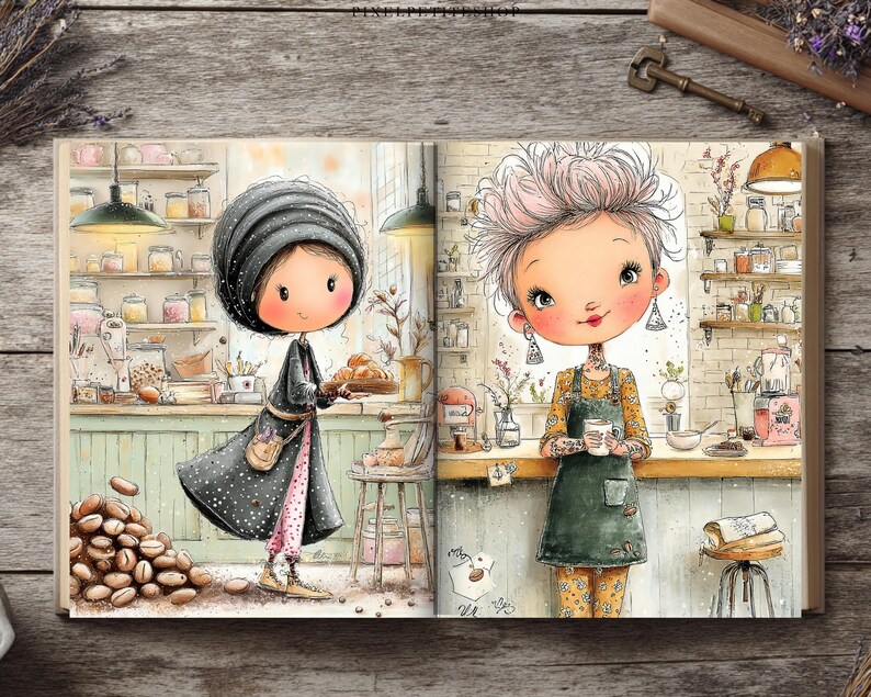 Puede incluir: Un libro abierto con dos p&aacute;ginas ilustradas de personajes en una cafeter&iacute;a. La p&aacute;gina izquierda muestra una figura con abrigo oscuro sosteniendo una bandeja de pasteles junto a granos de caf&eacute;. La derecha muestra una figura con delantal verde.