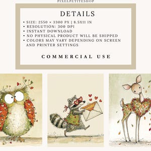 K&ouml;nnte beinhalten: Digitale Kunstdrucke mit skurrilen Tierillustrationen. Das Bild zeigt eine Eule, einen Waschb&auml;ren und ein Reh, jedes mit herzf&ouml;rmigen Akzenten verziert. Der Text oben lautet "DETAILS" und "COMMERCIAL USE".