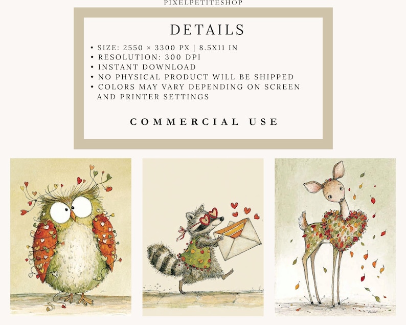 K&ouml;nnte beinhalten: Digitale Kunstdrucke mit skurrilen Tierillustrationen. Das Bild zeigt eine Eule, einen Waschb&auml;ren und ein Reh, jedes mit herzf&ouml;rmigen Akzenten verziert. Der Text oben lautet "DETAILS" und "COMMERCIAL USE".