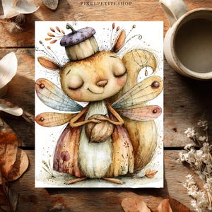 May include: A watercolor illustration of a squirrel-like creature with fairy wings, wearing a purple acorn cap hat. The creature has closed eyes, a smiling expression, and holds a small nut. The artwork features soft brown, tan, and purple tones.