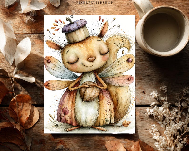 May include: A watercolor illustration of a squirrel-like creature with fairy wings, wearing a purple acorn cap hat. The creature has closed eyes, a smiling expression, and holds a small nut. The artwork features soft brown, tan, and purple tones.