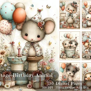 May include: A collection of digital art pages featuring vintage-style birthday animals. The illustrations include a mouse with balloons, ducks, hedgehogs, and a puppy, all celebrating with gifts and party hats. The text reads "Vintage Birthday Animal" and "30 Digital Pages".