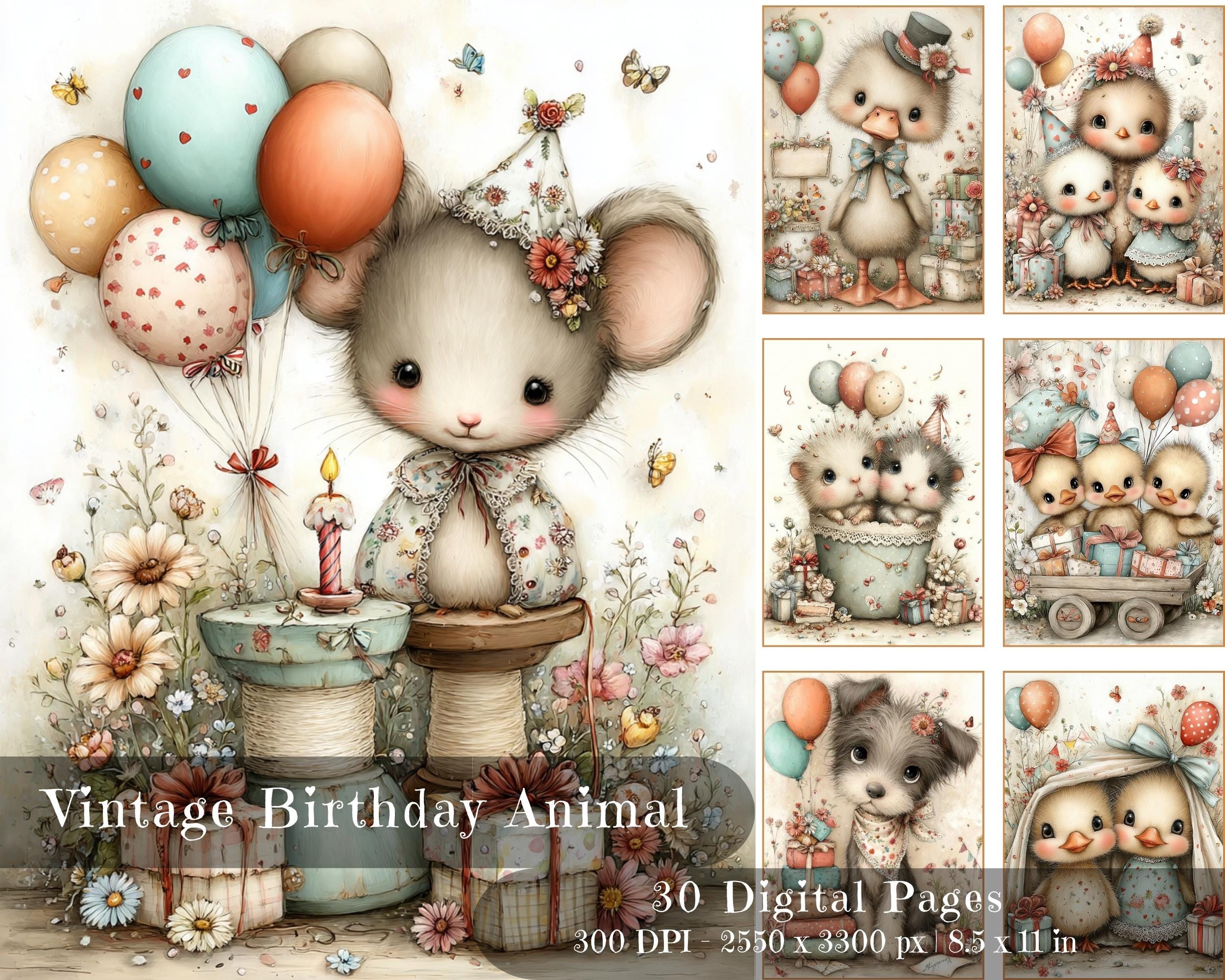 Preview of Vintage Birthday Animals — 30 Printable Scrapbook Pages