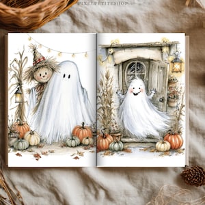 May include: An open book featuring watercolor illustrations of ghosts and scarecrows in a fall setting with pumpkins, corn stalks, and string lights. The text PIXELPETITESHOP is printed at the top. The artwork depicts a whimsical autumn scene.