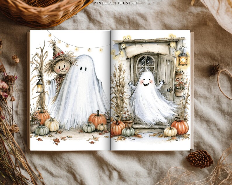 May include: An open book featuring watercolor illustrations of ghosts and scarecrows in a fall setting with pumpkins, corn stalks, and string lights. The text PIXELPETITESHOP is printed at the top. The artwork depicts a whimsical autumn scene.