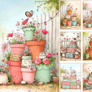 May include: Watercolor illustration of stacked terracotta and pastel-colored flower pots overflowing with pink and red flowers. A white picket fence and a butterfly are in the background. The image has a whimsical, garden theme.