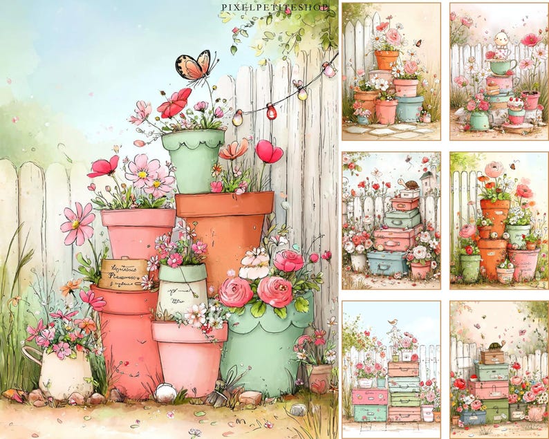 May include: Watercolor illustration of stacked terracotta and pastel-colored flower pots overflowing with pink and red flowers. A white picket fence and a butterfly are in the background. The image has a whimsical, garden theme.