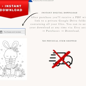 May include: A digital coloring page featuring a line art illustration of a rabbit wearing a scarf and holding a small teddy bear, surrounded by flowers, a pear, and a pumpkin. The text reads INSTANT DOWNLOAD and NO PHYSICAL ITEM SHIPPED.